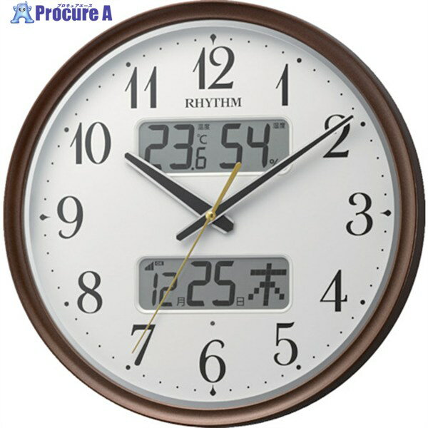 RHYTHM 電波 壁掛け時計(アナログ表示) 温湿度計付き カレンダー付 暗所自動点灯機能付き 連続秒針 ブラウン Φ344×52mm 8FYA04SR06 1個 ▼161-3041