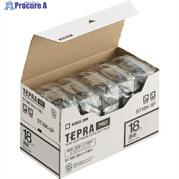 KING JIM 【純正】「テプラ」PROテープ 18mm エコパック(5個入り)/透明ラベル/黒文字 長さ8m ST18K-5P 1パック ▼827-7146