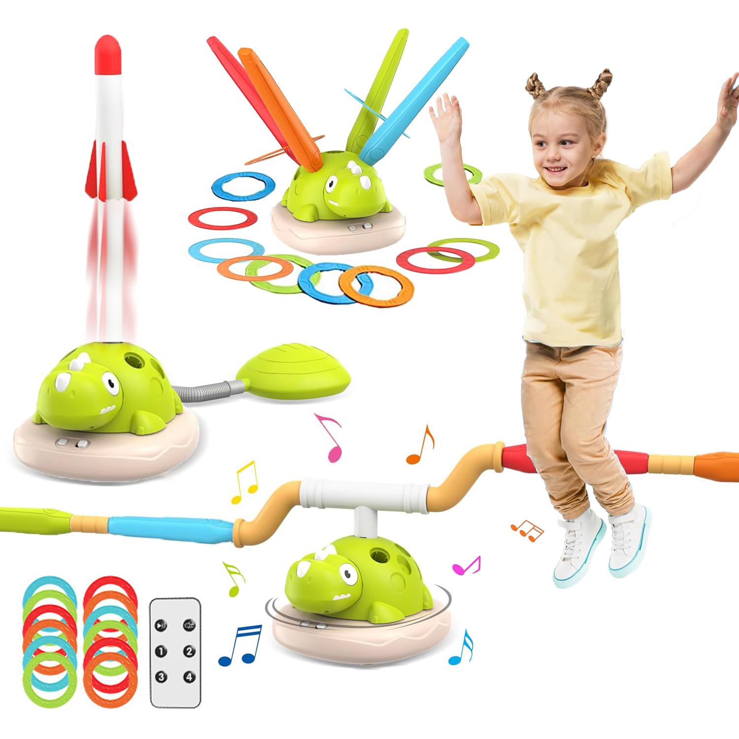 3 In 1 電動縄跳び 玩具 子供 幼児 ロケットランチャー 輪投げ おもちゃ 恐竜 玩具 音楽&リモコン付き 外遊びグッズ 室内 運動 キャンプ遊び 公園遊びグッズ ファミリースポーツ 親子 ゲーム 男の子 おもちゃ 人気 小学生 3歳至8歳 男の子 女の子 お盆 縁日 誕生日プレゼントの商品画像