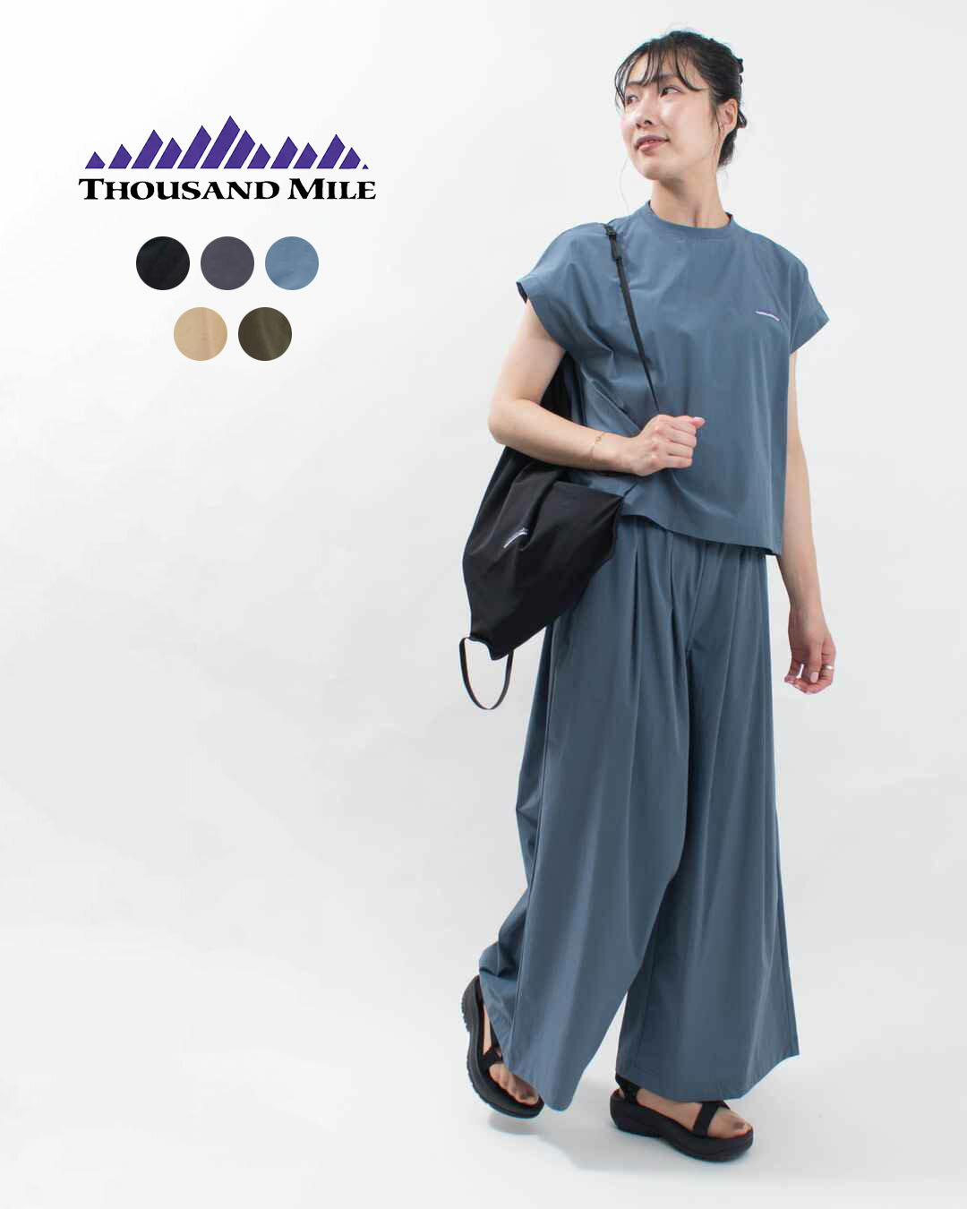 楽天FIRST　楽天市場店【ポイント3倍】THOUSAND MILE サウザンドマイル FRENCH SLEEVE SHIRT＆WIDE PANTS SET TM251NP00042 レディース セットアップ ワイドパンツ ママ ファッション おしゃれ カジュアル アウトドア シンプル 撥水 4WAYストレッチ ドライタッチ UVカット キャンプ