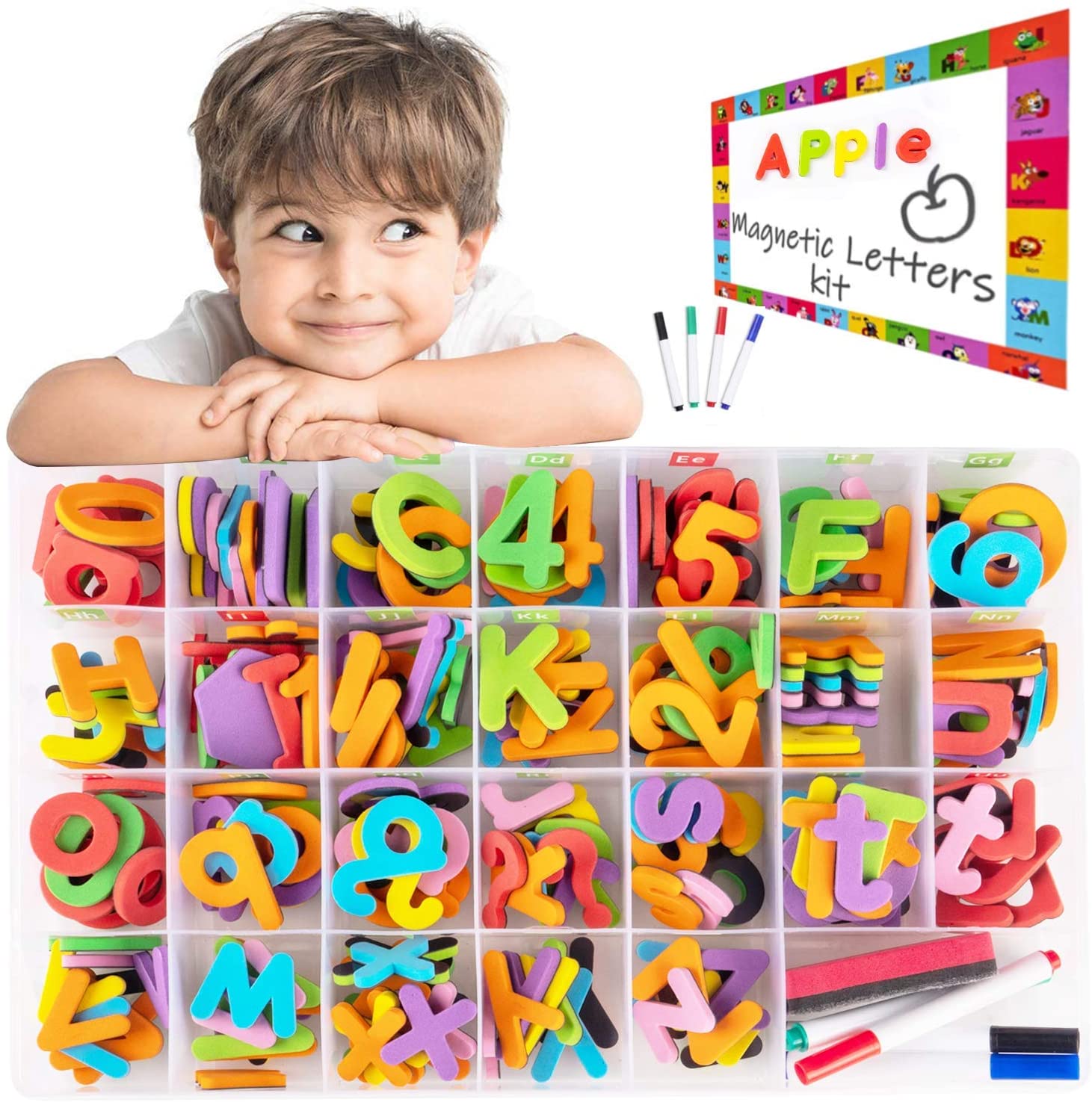 アルファベットパズル マグネット 英語/数字パズル 子供のおもちゃ 知育玩具 単語学習 色形認知 英語教育 指先訓練おもちゃ 大文字 小文字 磁気文字 大文字2セット+小文字5セット+4水彩ペン 234pcs ホワイトボードと収納ケース付き 6歳以上のサムネイル