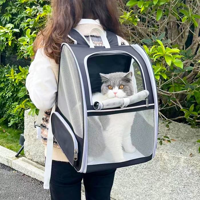 犬 猫 リュック メッシュ　猫バッグパック　カーテン付きの 猫 キャリー バッグ　折りたたみ中大型猫小型犬 リュック　小動物用 旅行/通院/災害避難に最適 ペット お出かけリュック バッグ ダークグレーのサムネイル