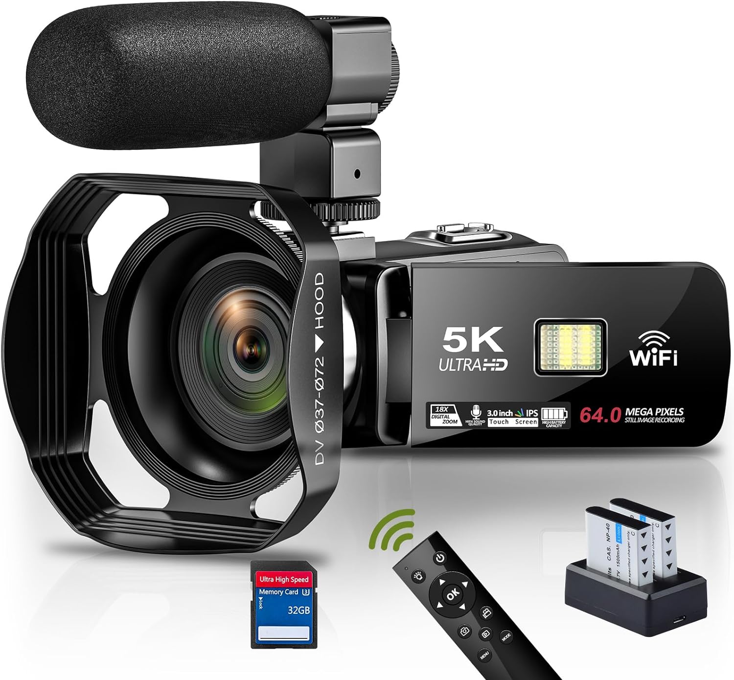 ビデオカメラ 5K WIFI機能 外付けマイクをサポート YouTubeカメラ 6400万画素 18倍デジタルズーム 3インチタッチモニター HDMI出力 IRナイトビジョン機能 vlogカメラ 360° ワイヤレスリモコン 予備バッテリー2個 32GBのSDカード 日本語システム+取扱説明書