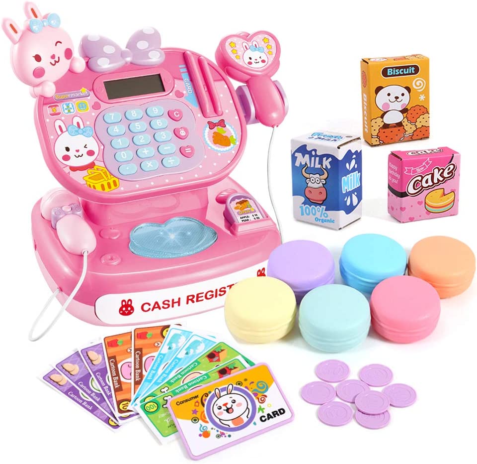 ジおもちゃ ままごとごっこ レジスターセット クレジットカード 紙幣とコイン付子供用 電卓 計算機 お菓子 果物 レジ レジスターおもちゃ お買い物ごっこ お店屋さんごっこ 子ども レジごっこ オモチャ お買い物レジスター