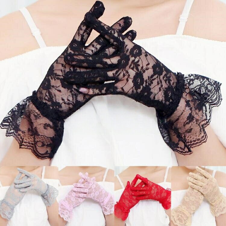 フリル付き レース手袋 全7色 グローブ ブラック ホワイト アイボリー レッド パーティードレスに合わせて フラワーレース ショート丈 ..