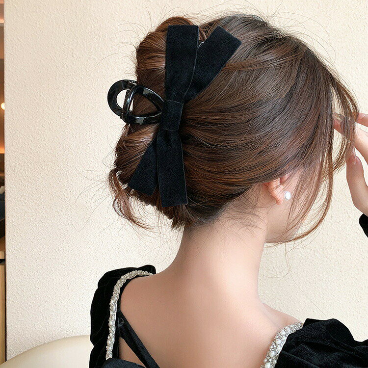 ヘアクリップ 全3種 リボン ベロア りぼん 黒 ブラック バンスクリップ ヘアークリ...