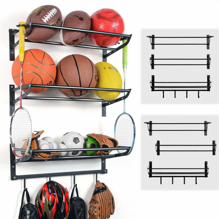 ボールスタンド 壁掛け バスケットボールラック フック付き 60cmx20cm 大容量 金属製ボール収納ランク 省スペース 多機能 スポーツ用品収納ラック エク...
