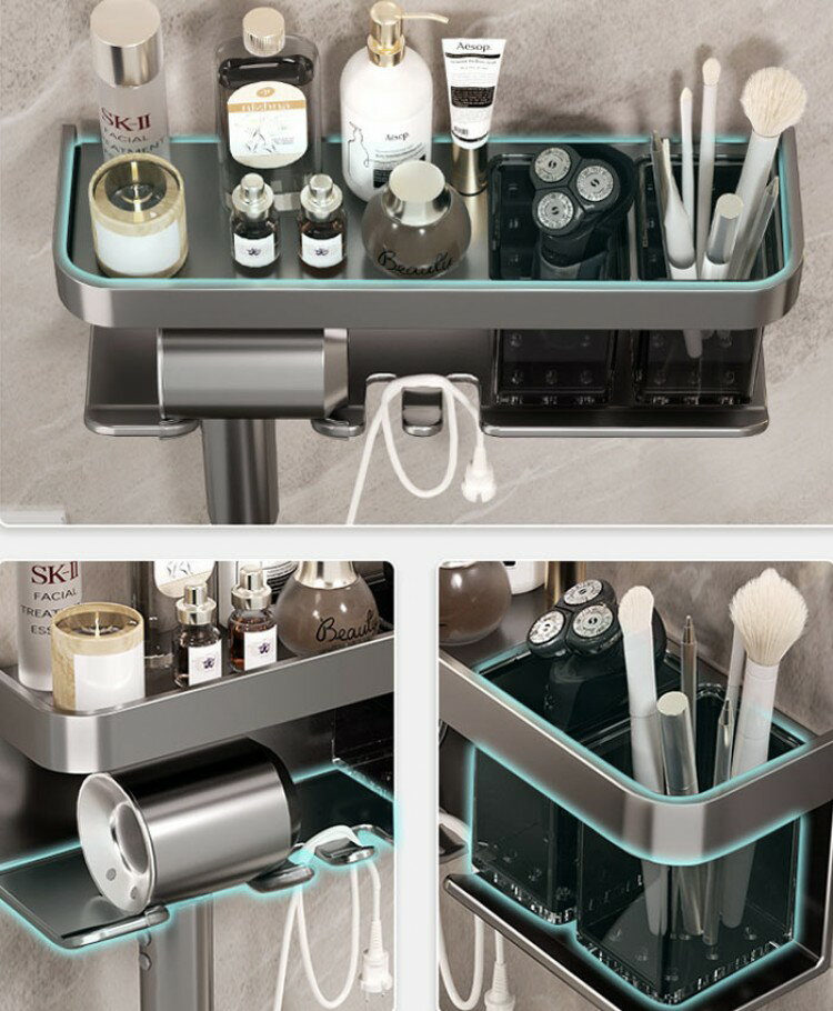 ドライヤーホルダー 壁掛け ヘアドライヤーホルダー 2 in 1収納 ドライヤースタンド 多機能ラック アルミニウム合金 ヘアドライヤー置き ヘアドライヤーに対応可能 浴室収納ラック