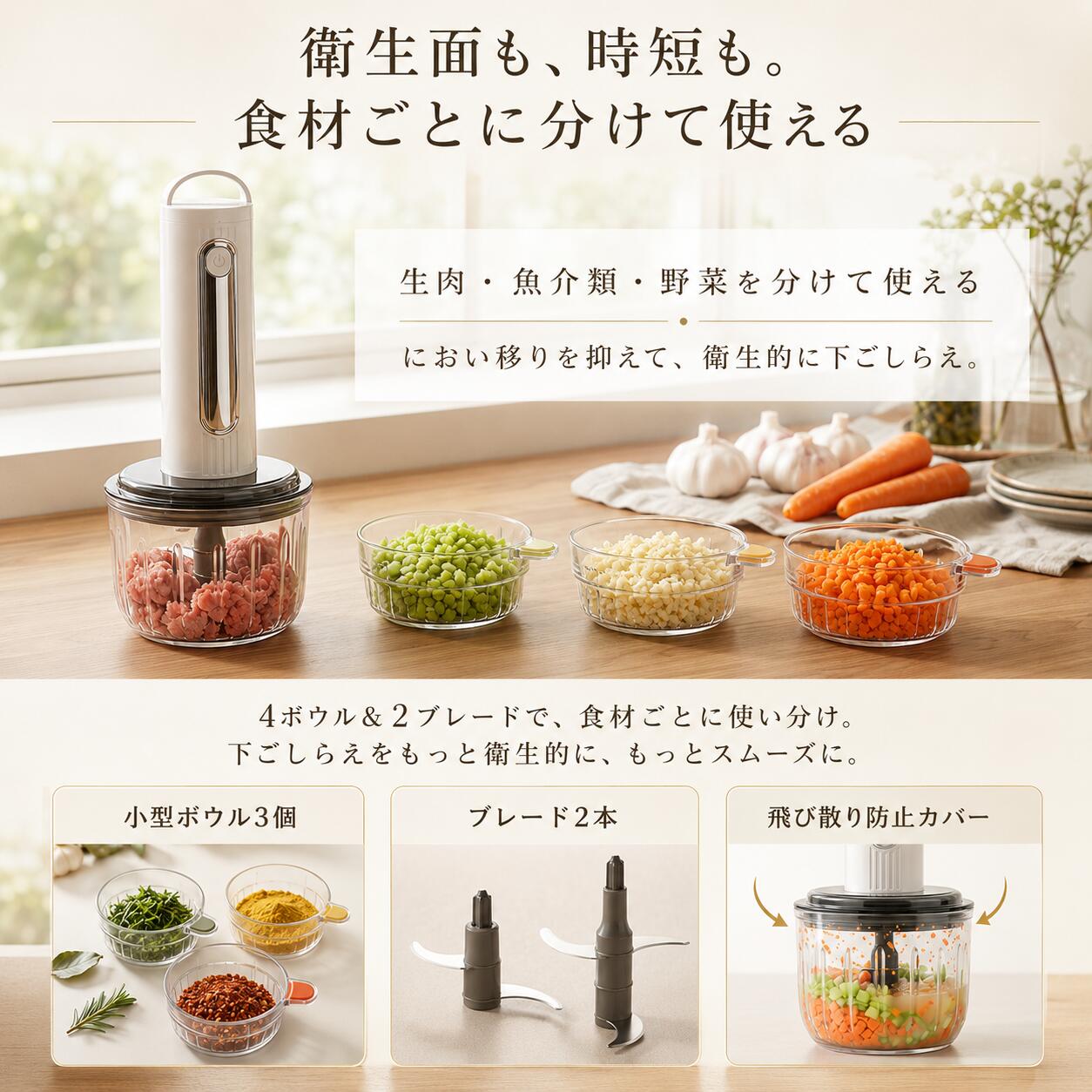 ＼先着限定クーポン♪／ フードプロセッサー コードレス ミキサー 氷砕く 離乳食 幼児食 介護 ペースト ブレンダー スムージー 氷 ハンドブレンダー フードチョッパー キッチン 小型 軽量 充電式 コンパクト 洗いやすい 野菜ジュース 果物 みじん切り 大根おろし 鬼おろし asakaze-10000061 AsakazeStore サンプル画像3