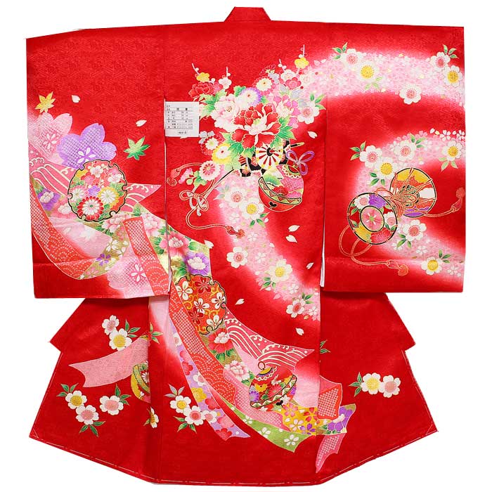 お宮参り 産着 女児 祝い着 花車 鼓 鈴 四季の花 赤 着物 お宮詣り のしめ 祝着 子供 女の子 七五三