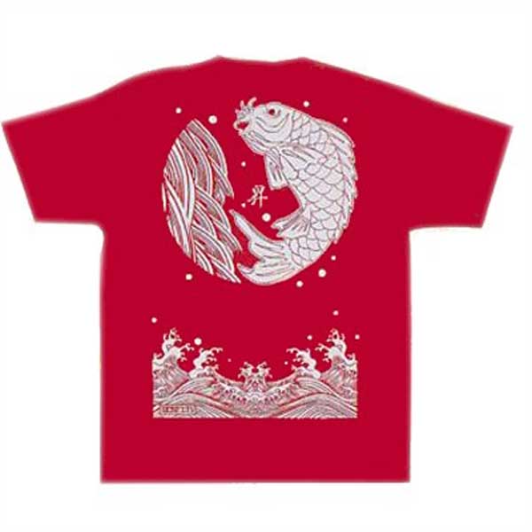 Tシャツ バック プリント 赤 鯉 半袖 （s古941） 鯉の滝登り 縁起 メンズ レディース 土産 海外 日本 ギフト お土産 取寄せ商品 1点までメール便可