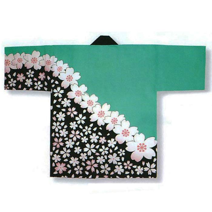 法被 半纏 グリーン 緑 黒 桜 はっぴ ハッピ 祭 メンズ レディース (m舟6486) よさこい まつり 祭り 大人 袢纏 1点までメール便可