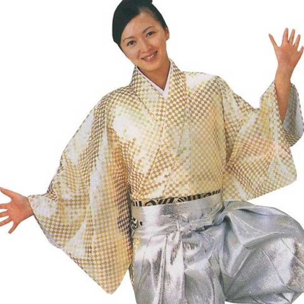着物 袴下着物 白 金 市松 仕立上り 半着付け （s8754） 仕立上がり 袴姿 大道芸 南京玉すだれ 手古舞 ..