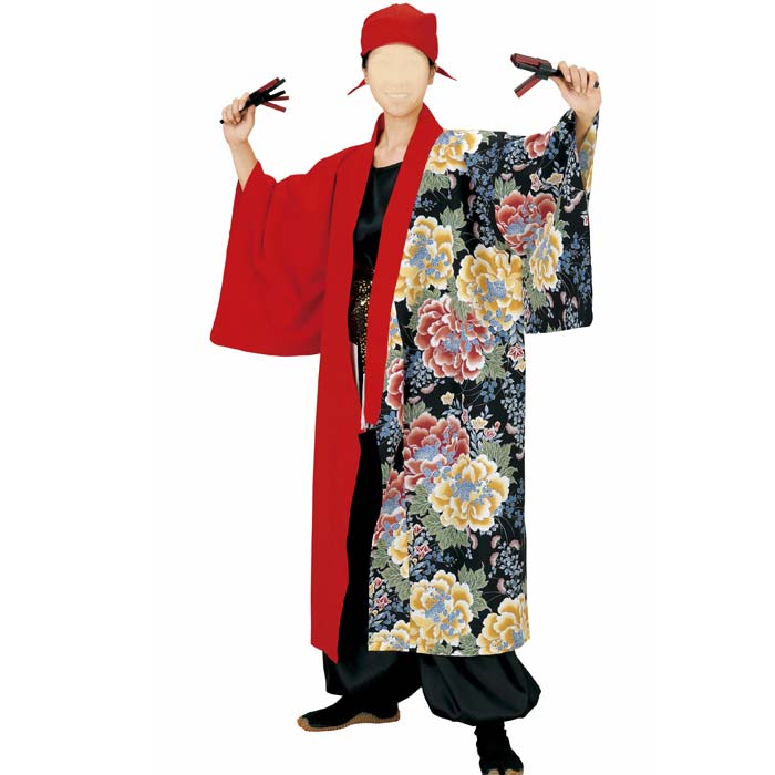 ポリエステル 長半纏 赤 黒 牡丹 (o飯7910) よさこい 衣装 祭り 衣裳 まつり 袢纏 半纏 袢天 はっぴ はんてん 取寄せ商品 1点までメール便可