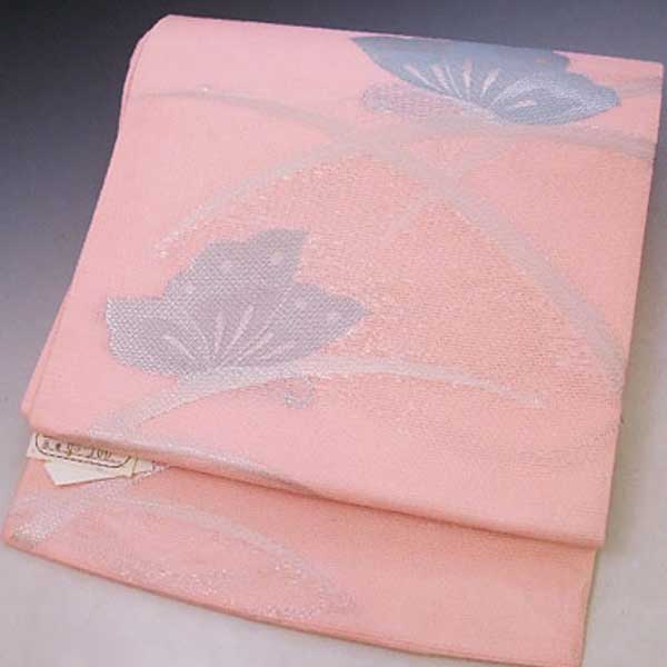 アウトレット 訳あり 仕立上り 夏 袋帯 化繊 珊瑚ピンク地 蝶々柄 全通柄 ふくろ帯 袋 着物 きもの 帯 【 蔵出し 大特価 ランクD】