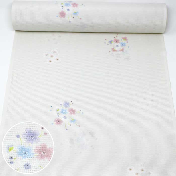 【 楽天スーパーセール 】 東レ シルック 着物 夏 反物 絽 白 桜 花 洗える 小紋 着尺 薄物 夏物 東レシルック 洗える着物 きもの 未仕立て