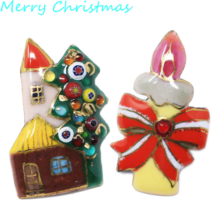 クリスマス ピンバッジ 七宝焼き おうち ろうそく 家 蝋燭 ブローチ 10点までメール便可