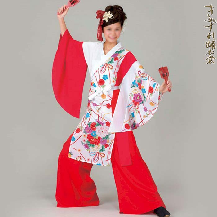 よさこい 衣装 白 赤 花柄 レディース 夏用 k洞60028 コスチューム 祭り 衣裳 取寄せ商品