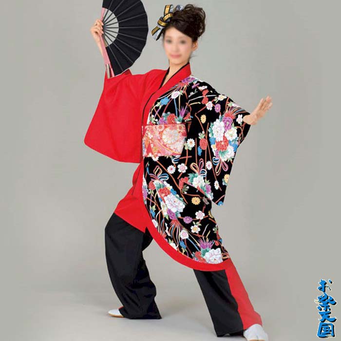 よさこい 衣装 赤 黒 花柄 打合せ袢天 レディース k門60116 コスチューム 祭り 衣裳 取寄せ商品