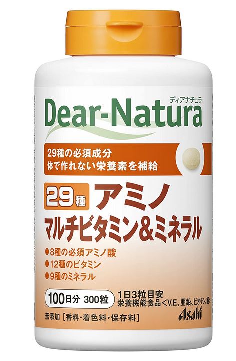 ディアナチュラ29 アミノ マルチビタミン＆ミネラルについて 必須アミノ酸8種、ビタミン12種、ミネラル9種を配合しました。 【こんな方におすすめ】 　・食事のバランスが気になる方に 　・野菜・果物不足 　・海藻類不足 　・乳製品不足 　・魚不足 　・毎日の元気が気になる方に 【栄養機能性食品】 ＜ビタミン.E、亜鉛、ビオチン、銅＞ 　＜ビタミンE＞ ビタミンEは、抗酸化作用により、体内の脂質を酸化から守り、細胞の健康維持を助ける栄養素です。 　＜亜鉛＞ 亜鉛は、味覚を正常に保つのに必要な栄養素です。亜鉛は、たんぱく質・核酸の代謝に関与して、健康の維持に役立つ栄養素です。 亜鉛は、皮膚や粘膜の健康維持を助ける栄養素です。 　＜ビオチン＞ ビオチンは、皮膚や粘膜の健康維持を助ける栄養素です。 　＜銅＞ 銅は、赤血球の形成を助け、多くの体内酵素の正常な働きと骨の形成を助ける栄養素です。 【栄養成分表示】1日摂取目安量（3粒）あたり エネルギー 2.52kcal、たんぱく質 0.23g、脂質 0.02g、炭水化物 0.35g、ナトリウム 1-2.0mg 【アレルギー表示】　牛乳 【ディアナチュラ29の原材料名】 デキストリン、マンガン含有酵母、クロム含有酵母、セレン含有酵母、モリブデン含有酵母、貝Ca、セルロース、酸化Mg、V.C、L−リジン塩酸塩、L−ロイシン、L−フェニルアラニン、L−メチオニン、L−バリン、L−イソロイシン、L−スレオニン、グルコン酸亜鉛、ピロリン酸鉄、、L−トリプトファン、ナイアシン、酢酸V．E、ステアリン酸Ca、パントテン酸Ca、増粘剤（プルラン）、セラック、V．B6、グルコン酸銅、V．B1、V．B2、V．A、葉酸、ビオチン、V．D、V．B12、（原材料の一部に乳成分を含む） 【ディアナチュラ29のお召し上がり】 栄養補助食品として1日3粒を目安に、かまずに水またはお湯とともにお召し上がりください。 ※短期間に大量に摂ることは避けてください。 ＜注意事項＞ 本品は、疾病の診断、治療、予防を目的としたものではありません。 本品は、疾病に罹患している者、未成年者、妊産婦（妊娠を計画している者を含む。）及び授乳婦を対象に開発された食品ではありません。 疾病に罹患している場合は医師に、医薬品を服用している場合は医師、薬剤師に相談してください。 体調に異変を感じた際は、速やかに摂取を中止し、医師に相談してください。 ＜摂取上の注意＞ 本品は、多量摂取により疾病が治癒したり、より健康が増進するものではありません。 1日の摂取目安量を守ってください。 乳幼児・小児は本品の摂取をさけてください。 亜鉛の摂りすぎは、銅の吸収を阻害するおそれがありますので、過剰摂取にならないよう注意してください。 体調や体質によりまれに身体に合わない場合や、発疹などのアレルギー症状が出る場合があります。その場合は使用を中止してください。 小児の手の届かないところに置いてください。 ビタミンB2により尿が黄色くなることがあります。 表面にみられる斑点は原料由来のものです。 本品は、特定保健用食品と異なり、消費者庁長官による個別審査を受けたものではありません。 商品名 ディアナチュラ29 アミノ マルチビタミン＆ミネラル 名　称 アミノ　マルチビタミン＆ミネラル 内容量 300粒 賞味期限 パンケージに記載 保存方法 直射日光を避け、湿気の少ない涼しい所に保存してください。 広告文責 有限会社　横川ヤマト TEL 082-295-1732 メーカー アサヒグループ食品 製造国・区分 日本・サプリメント JANコード 4946842635900 予告無くパッケージが変更にある場合がありますので予めご了承ください。 製造・取扱い中止の場合は、キャンセル処理をさせて頂く場合がございます。 状況により納期期限より遅れる場合や欠品する場合がございますので予めご了承ください。 お客様のご都合によるご注文内容の変更・キャンセル・返品・交換はお受けできません。 開封後の返品・交換は一切お受けできません。【医薬品】 あなたのお悩みを症状で探す更年期でお悩みの方アレルギー性鼻炎の方残尿感でお困りの方お休み時の激しいせきにアレルギー体質の方痔でお悩みの方胃腸障害でお悩みの方頭痛めまいでお悩みの方疲れやすい方に蓄膿症でお困りの方乳腺炎でお悩みの方不眠症でお悩みの方血圧が高めの方頑固な便秘でお困りの方神経痛・関節痛に排尿痛でお困りの方ストレスでお悩みの方むくみでお悩みの方月経不順の方眼精疾患でお悩みの方肝臓疾患でお悩みの方中耳炎でお困りの方歯槽膿漏でお悩みの方腎臓疾患でお悩みの方手足のしびれお悩みの方