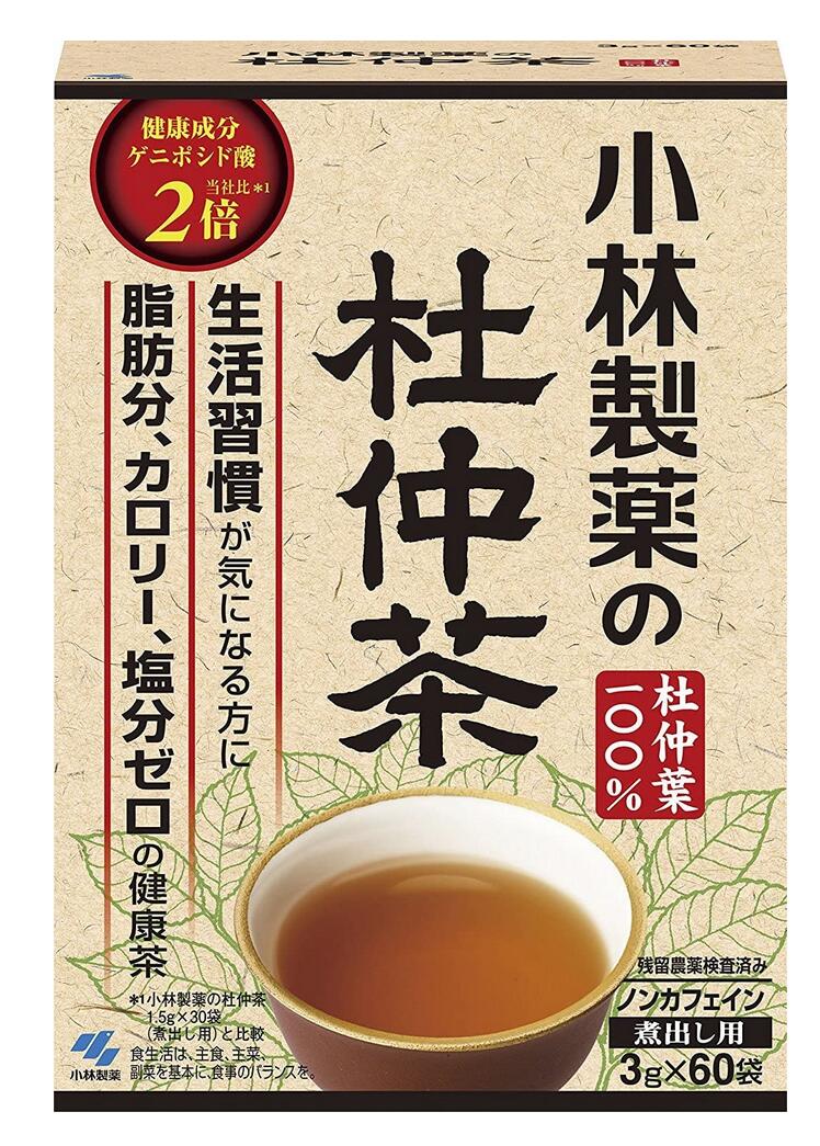 脂肪分・カロリー・塩分ゼロの健康茶 　　“杜仲葉100％” 生活習慣病を気になる方に ＜杜仲茶の特長＞　○生活習慣病が気になる方に脂肪分・カロリー・塩分ゼロの健康茶 　○健康成分ゲニポシド酸5倍（小林製薬の杜仲茶1.5g×30袋にだし用と比較） 　○カフェイン無なので刺激がなく、体に優しいお茶です。 　○杜仲葉100％ ＜栄養成分表示　1.5リットル（茶葉3g）当たり＞ エネルギー：0kcal 、たんぱく質：0g 、脂質：0g 、炭水化物：0g 、ナトリウム：0g 、ゲニポシド酸 ：12mg 、カフェイン：0mg ＜原材料名＞ 杜仲葉（杜仲葉の産地：中国） ＜お召し上がり方＞ 　○水1.5Lに1袋、沸騰後弱火にして10分 　○少し冷ましてからの方がおいしく飲めます。夏は冷やしてお飲みください。 　○お好みに応じて、1〜3袋まで増減してお召し上がりください。 ＜注意事項＞ 開栓後は品質劣化を防ぐため、冷蔵庫に保存し、お早めにお飲みください。 容器が膨張したり破損する恐れがありますので、温めたり、凍らせたりしないでください。 お茶の成分が沈殿することがありますが、品質には問題ありません。 名　称 杜仲茶 内容量 3.0g×60袋 賞味期限 パッケージに記載 保存方法 直射日光、高温を避け、保存してください。 広告文責 有限会社　横川ヤマト TEL 082-295-1732 メーカー 小林製薬 お客様相談窓口 0120-5884-02 製造国・区分 日本・健康茶 JANコード 4987072016367 予告無くパッケージが変更にある場合がありますので予めご了承ください。 製造・取扱い中止の場合は、キャンセル処理をさせて頂く場合がございます。 状況により納期期限より遅れる場合や欠品する場合がございますので予めご了承ください。 お客様のご都合によるご注文内容の変更・キャンセル・返品・交換はお受けできません。 開封後の返品・交換は一切お受けできません。【医薬品】 あなたのお悩みを症状で探す更年期でお悩みの方アレルギー性鼻炎の方残尿感でお困りの方お休み時の激しいせきにアレルギー体質の方痔でお悩みの方胃腸障害でお悩みの方頭痛めまいでお悩みの方疲れやすい方に蓄膿症でお困りの方乳腺炎でお悩みの方不眠症でお悩みの方血圧が高めの方頑固な便秘でお困りの方神経痛・関節痛に排尿痛でお困りの方ストレスでお悩みの方むくみでお悩みの方月経不順の方眼精疾患でお悩みの方肝臓疾患でお悩みの方中耳炎でお困りの方歯槽膿漏でお悩みの方腎臓疾患でお悩みの方手足のしびれお悩みの方