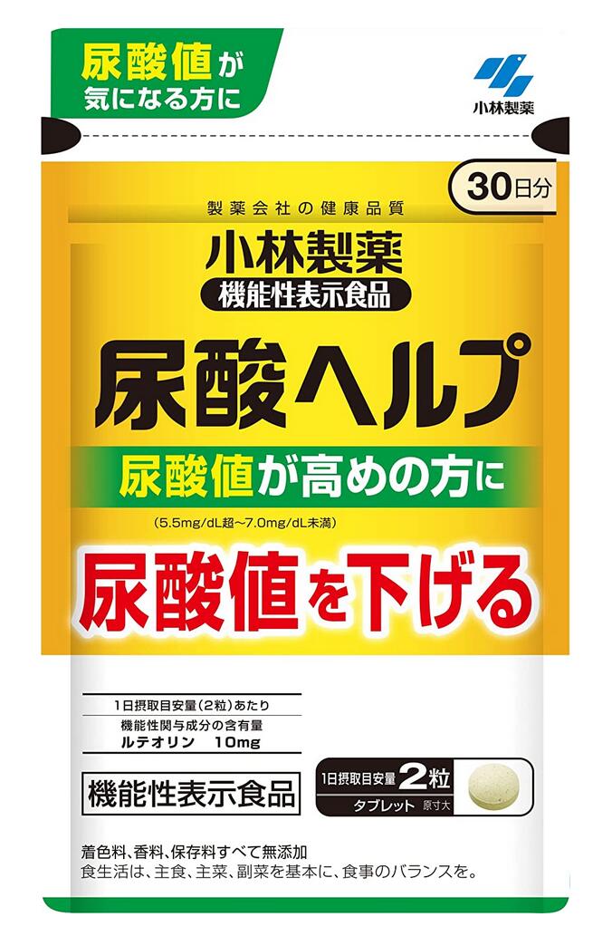 　　　　　≪機能性表示食品≫ ☆★☆ 尿酸ヘルプ ☆★☆ 　　　　尿酸値が高めの方に！ 　　ルテオリン尿酸値を下げる！ ◆尿酸ヘルプの特長 ●尿酸値が高めの方に尿酸値を下げる 　※5.5mg/dL超～7.0mg/dL未満 ●着色料、香料、保存料すべて無添加 ◆機能性表示食品について ●届出番号：F773 本品にはルテオリンが含まれます。 ルテオリンには尿酸値が高め（5.5mg/dL超～7.0mg/dL未満）な男性の尿酸値を下げる機能が報告されています。 ◆尿酸ヘルプの栄養成分1日目安量（2粒）あたり エネルギー：2.3kcal、たんぱく質：0.0012g、脂質：0.0018～0.018g、炭水化物：0.56g、食塩相当量：0～0.0017g 　機能性関与成分＝ルテオリン：10mg ◆尿酸ヘルプの原材料名 麦芽糖（国内製造）、デンプン、菊の花エキス、デンプン分解物/結晶セルロース、微粒酸化ケイ素、ステアリン酸カルシウム アレルギー物質：不使用 ◆尿酸ヘルプのお召し上がり方 1日2粒を目安に、かまずに水またはお湯とともにお召し上がりください。 　※食生活は、主食、主菜、副菜を基本に、食事のバランスを。 ◆尿酸ヘルプの注意事項 ・本品は、事業者の責任において特定の保健の目的が期待できる旨を表示するものとして、消費者庁長官に届出されたものです。ただし、特定保健用食品と異なり、消費者庁長官による個別審査を受けたものではありません。 ・本品は、疾病の診断、治療、予防を目的としたものではありません。 ・本品は、疾病に罹患している者、未成年者、妊産婦（妊娠を計画している者を含む）及び授乳婦を対象に開発された食品ではありません。 ・疾病に罹患している場合は医師に、医薬品を服用している場合は医師、薬剤師に相談してください。 ・体調に異変を感じた際は、速やかに摂取を中止し、医師に相談してください。 商品名 尿酸ヘルプ 名　称 菊の花エキス配合食品 内容量 60粒(30日分) 保存方法 直射日光を避け、湿気の少ない涼しい所に保存してください。 使用期限 パッケージに記載 広告文責 有限会社　横川ヤマト TEL 082-295-1732 メーカー 小林製薬株式会社 お客様相談窓口 0120-5884-02 製造・区分 日本・機能性表示食品 JANコード 4987072085578 ◆取り扱い上の注意事項 ・1日の摂取目安量を守ってください。 ・乳幼児・小児の手の届かない所に置いてください。 ・食物アレルギーの方は原材料名をご確認の上、お召し上がりください。 ・原材料の特性により色等が変化することがありますが、品質に問題はありません。 ・本品は、飲酒を勧めるものではありません。 ＜購入時の注意事項＞ ・予告無くパッケージが変更になる場合がありますので予めご了承ください。 ・製造・取扱い中止の場合はキャンセル処理をさせて頂く場合がございます。 ・仕入れ先の状況により納期期限より遅れる場合、欠品する場合がございますので予めご了承ください。 ・お客様のご都合によるご注文内容の変更・キャンセル・返品・交換はお受けできません。 ・開封後の返品・交換は一切お受けできません。【医薬品】 あなたのお悩みを症状で探す更年期でお悩みの方アレルギー性鼻炎の方残尿感でお困りの方お休み時の激しいせきにアレルギー体質の方痔でお悩みの方胃腸障害でお悩みの方頭痛めまいでお悩みの方疲れやすい方に蓄膿症でお困りの方乳腺炎でお悩みの方不眠症でお悩みの方血圧が高めの方頑固な便秘でお困りの方神経痛・関節痛に排尿痛でお困りの方ストレスでお悩みの方むくみでお悩みの方月経不順の方眼精疾患でお悩みの方肝臓疾患でお悩みの方中耳炎でお困りの方歯槽膿漏でお悩みの方腎臓疾患でお悩みの方手足のしびれお悩みの方