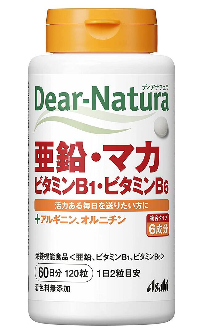 ＜Dear-Natuta＞ ディアナチュラ 亜鉛・マカ・ビタミンB1・ビタミンB6 亜鉛14mgとマカ10mg、さらに1日分のビタミンB1・ビタミンB6とアルギニン・オルニチンを配合！ ◆ディアナチュラ 亜鉛・マカ・V.B1・V.B6は、このような方におすすめ ●食事のバランスが気になる方 ●いろいろな成分を一度に摂りたい方 ●毎日を元気に頑張りたい方 ◆栄養機能食品表示 ≪亜鉛≫ 亜鉛は、味覚を正常に保つのに必要な栄養素です。 亜鉛は、たんぱく質・核酸の代謝に関与して、健康の維持に役立つ栄養素です。 亜鉛は、皮膚や粘膜の健康維持を助ける栄養素です。 ≪ビタミンB1≫ ビタミンB1は、炭水化物からのエネルギー産生と皮膚や粘膜の健康維持を助ける栄養素です。 ≪ビタミンB6≫ ビタミンB6は、たんぱく質からのエネルギーの産生と皮膚や粘膜の健康維持を助ける栄養素です。 ◆ディアナチュラ 亜鉛・マカ・V.B1・V.B6の特長 ●2粒に亜鉛14mgとマカエキス末、ビタミンB1・B6を配合。 ●さらにアルギニン、オルニチンも一緒に摂れます。 ●活力ある毎日を送りたい方におすすめです。 ◆ディアナチュラ 亜鉛・マカ・V.B1・V.B6の原材料名 マルチトール(国内製造)、L-オルニチン塩酸塩、マカエキス末、グルコン酸亜鉛、L-アルギニンL-グルタミン酸塩、ケイ酸Ca、セルロース、ステアリン酸Ca、ビタミン：B1、セラック、ビタミンB6、糊料(プルラン) オルニチン・・・10mg アルギニン・・・10mg マカエキス末(製造時）・・・10mg ◆ディアナチュラ 亜鉛・マカ・V.B1・V.B6の栄養成分表示 2粒当たり エネルギー：1.5kcal、たんぱく質：0.044g、脂質：0.004～0.009g、炭水化物：0.31g、食塩相当量：0～0.00017g 亜鉛：14.0mg、ビタミンB1：1.2mg、ビタミンB6：1.3mg ディアナチュラ 亜鉛・マカ・V.B1・V.B6◆のお召し上がり方 1日2粒を目安にお召し上がり下さい。 ◆ディアナチュラ 亜鉛・マカ・V.B1・V.B6の取り扱い上の注意 ・本品は、多量摂取により疾病が治癒したり、より健康が増進するものではありません。 ・亜鉛の摂り過ぎは、銅の吸収を阻害するおそれがありますので、過剰摂取にならないよう注意してください。 ・1日の摂取目安量を守ってください。 ・乳幼児・小児は本品の摂取を避けてください。 ・妊娠・授乳中の方は本品の摂取を避けてください。 ・治療を受けている方、お薬を服用中の方は、医師にご相談の上、お召し上がり下さい。 ・小児の手の届かないところに置いてください。 ・体調や体質によりまれに発疹などのアレルギー症状が出る場合があります。 ・体質によりまれに身体に合わない場合があります。その場合は使用を中止してください。 ・色調の変化や斑点が見られる場合がありますが、品質に問題ありません。 ・本品は、特定保健用食品と異なり、消費者庁長官による個別審査を受けたものではありません。 商品名 ディアナチュラ 亜鉛・マカ・ビタミンB1・ビタミンB6 内容量 120粒(60日分) 保存方法 直射日光を避け、湿気の少ない涼しい所に保存してください。 使用期限 パッケージに記載 広告文責 有限会社　横川ヤマト TEL 082-295-1732 メーカー アサヒグループ食品 ブランド Dear-Natura お客様相談窓口 0120-630611(受付時間)10：00～16：00（土・日・祝を除く） 製造・区分 日本・サプリメント JAN：コード 4946842650224 ＜購入時の注意事項＞ ・予告無くパッケージが変更にある場合がありますので予めご了承下さい。 ・製造・取扱い中止の場合にはキャンセル処理をさせて頂く場合がございます。 ・お客様のご都合によるご注文内容の変更・キャンセル・返品・交換はお受けできません。【医薬品】 あなたのお悩みを症状で探す更年期でお悩みの方アレルギー性鼻炎の方残尿感でお困りの方お休み時の激しいせきにアレルギー体質の方痔でお悩みの方胃腸障害でお悩みの方頭痛めまいでお悩みの方疲れやすい方に蓄膿症でお困りの方乳腺炎でお悩みの方不眠症でお悩みの方血圧が高めの方頑固な便秘でお困りの方神経痛・関節痛に排尿痛でお困りの方ストレスでお悩みの方むくみでお悩みの方月経不順の方眼精疾患でお悩みの方肝臓疾患でお悩みの方中耳炎でお困りの方歯槽膿漏でお悩みの方腎臓疾患でお悩みの方手足のしびれお悩みの方