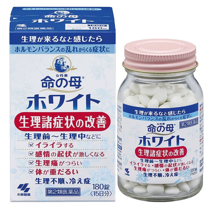 女性用　命の母ホワイト 生理の不調を改善し女性の体を正しい状態にする医薬品 ＜命の母ホワイトの特長＞ 1）昔から女性のために用いられてきた11種類の生薬を飲みやすい錠剤に仕上げてあります。 2）血行を促し体を温めてホルモンや自律神経のアンバランスによっておこる様様な生理の不調症状を改善し、女性の体を正しい状態に近づけます。 ＜命の母ホワイトの効能・効果＞ 月経痛、月経不順、ヒステリー、腰痛、頭痛、貧血、冷え症、血の道症、肩こり、めまい、動悸、こしけ ＜成分・分量＞1日量12錠中 トウキ末 300mg シャクヤク末 300mg ソウジュツ末 200mg ケイヒ末 200mg ダイオウ末 200mg ニンジン 50mg センキュウ末 200mg ブクリョウ末 200mg タクシャ末 150mg ボタンピ末 200mg トウニン 100mg ※添加物として、ケイ酸Al、タルク、炭酸Ca、酸化チタン、ゼラチン、アラビアゴム白糖、 　ミツロウ、カルナウバロウを含有する。 ＜命の母ホワイトの服用量＞ 1回4錠、1日3回、毎食後服用すること （15歳未満の服用はしないで下さい。） 【保管及び取扱い上の注意】 (1)直射日光のあたらない、湿気の少ない涼しいところに密栓して保管すること (2)小児の手の届かないところに保管すること (3)他の容器に入れ替えないこと(誤用の原因になったり、品質がかわる) (4)容器内の乾燥剤は服用しないこと 名　称 命の母ホワイト 内容量 180錠 賞味期限 1年未満の商品は販売いたしません。 保存方法 直射日光を避け、湿気の少ない涼しい所に保存してください。 広告文責 有限会社　横川ヤマト TEL 082-295-1732 登録販売者 山田　秀文 メーカー 小林製薬 相談窓口 06-6203-3625 製造国・区分 日本・第2類医薬品 JANコード 4987072073971【医薬品】 あなたのお悩みを症状で探す更年期でお悩みの方アレルギー性鼻炎の方残尿感でお困りの方お休み時の激しいせきにアレルギー体質の方痔でお悩みの方胃腸障害でお悩みの方頭痛めまいでお悩みの方疲れやすい方に蓄膿症でお困りの方乳腺炎でお悩みの方不眠症でお悩みの方血圧が高めの方頑固な便秘でお困りの方神経痛・関節痛に排尿痛でお困りの方ストレスでお悩みの方むくみでお悩みの方月経不順の方眼精疾患でお悩みの方肝臓疾患でお悩みの方中耳炎でお困りの方歯槽膿漏でお悩みの方腎臓疾患でお悩みの方手足のしびれお悩みの方