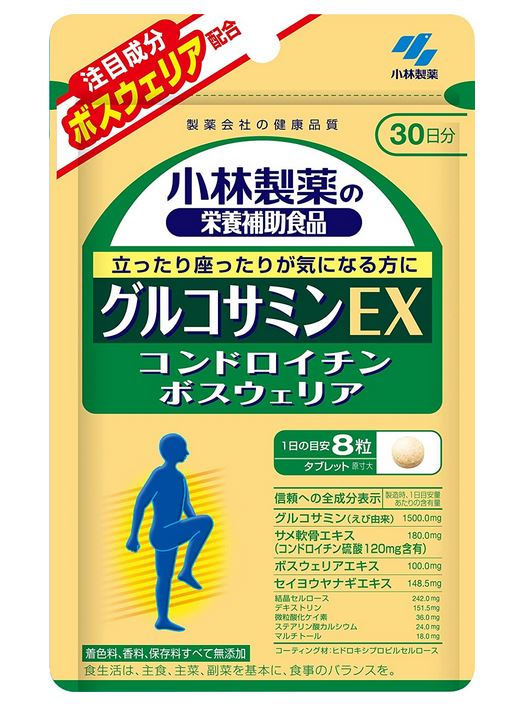 グルコサミンEXの特長 ○立ったり座ったりが気になる方に ○注目成分ボスウェリア配合 ○着色料、香料、保存料すべて無添加 栄養成分表示&lt;1日目安量（8粒）あたり&gt; 　グルコサミン・・・・・・・・1500mg 　コンドロイチン硫酸...