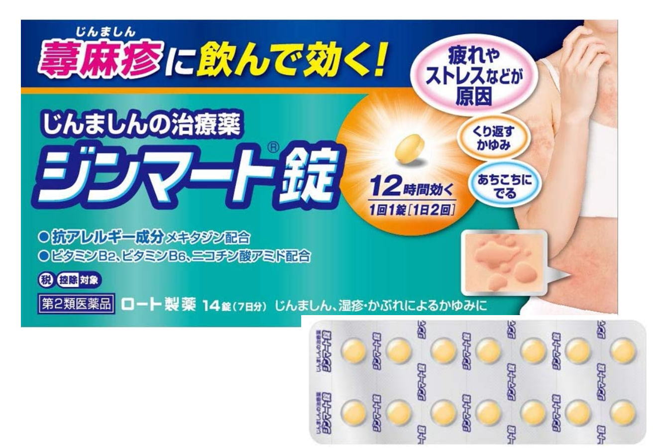 　　　　　　　≪第2類医薬品≫ ★☆ ロート製薬 ジンマート錠 ☆★ じんましんに飲んで効く！ 眠くなりにくく、口が渇きにくい！ この医薬品は、薬剤師、登録販売者に相談のうえ『使用上の注意』をよく読んでお使いください。 ジンマート錠の特長 蕁麻疹（じんましん）は疲れやストレスなど様々な要因で発生し、はれや赤みを伴う辛いかゆみが広がりがち。 「ジンマート錠」は、抗アレルギー作用と抗ヒスタミン作用を併せもつ有効成分「メキタジン」を配合し、蕁麻疹とかゆみを体の中から抑え、あちこちに広がる蕁麻疹を治します。眠くなりにくく、口が渇きにくいのもメキタジンの特長。 また、皮ふ・粘膜の正常な働きを助けるビタミンB2（リボフラビン）、湿疹・皮膚炎の改善作用などを有するビタミンB6（ピリドキシン塩酸塩）とニコチン酸アミドも配合しました。 塗り薬では届かない部位にも広がってしまった時や、繰り返し蕁麻疹が出る時、体のあらゆる部位に蕁麻疹が出る時など、症状が出たら我慢せずに早めに飲むのがオススメです。 15才以上から、食後にも空腹時にも服用できます。 ジンマート錠の2錠中 メキタジン：4mg、リボフラビン（ビタミンB2）：12mg、ピリドキシン塩酸塩（ビタミンB6）：30mg、ニコチン酸アミド：60mg 添加物として 硬化油、セルロース、二酸化ケイ素、乳糖水和物、ヒドロキシプロピルセルロース、ステアリン酸Mg、ポリビニルアルコール（部分けん化物）、酸化チタン、ポリビニルアルコール・ポリエチレングリコール・グラフトコポリマー、グリセリン脂肪酸エステル、タルク、三二酸化鉄、カルナウバロウを含有する。 ジンマート錠の効能効果 じんましん、湿疹・かぶれによるかゆみ、鼻炎 ジンマート錠の用法・用量 成人（15才以上）：1日2回（朝・夕）、1回1錠を水またはお湯で服用して下さい。 15才未満：服用しないこと 取り扱い上の注意 ・直射日光の当たらない湿気の少ない涼しい所に保管して下さい。 ・小児の手の届かない所に保管して下さい。 ・他の容器に入れ替えないで下さい。（誤用の原因になったり品質が変わる） ・使用期限（外箱に記載）を過ぎた製品は、服用しないで下さい。なお、使用期限内であっても一度内袋を開封した後はなるべく早くにご使用下さい。 商品名 ジンマート錠 内容量 14錠 保存方法 直射日光の当たらない湿気の少ない涼しい所に密封して保管すること 使用期限 1年未満の商品は、販売いたしません。 広告文責 有限会社 横川ヤマト 登録販売者 山田秀文（ヤマダヒデフミ） TEL 082-295-1732 メーカー ロート製薬 お客様相談窓口 03-5442-6020（東京） 06-6758-1230（大阪）（土・日・祝を除く） 製造・区分 日本・第2類医薬品 JANコード 4987241162772 副作用被害救済制度のお問い合わせ先 （独）医薬品医療機器総合機構 （フリーダイヤル）0120-149-931 注意事項 ・予告無くパッケージが変更になる場合がございますので予めご了承ください。 ・製造・取扱い中止の場合はキャンセル処理をさせて頂く場合がございます。 ・仕入れ先の状況により納期期限より遅れる場合、欠品する場合がありますので予めご了承ください。 ・お客様のご都合による、ご注文内容の変更・キャンセル・返品・交換はお受けできません。 ・開封後の返品・交換は一切お受けできません。【医薬品】 あなたのお悩みを症状で探す更年期でお悩みの方アレルギー性鼻炎の方残尿感でお困りの方お休み時の激しいせきにアレルギー体質の方痔でお悩みの方胃腸障害でお悩みの方頭痛めまいでお悩みの方疲れやすい方に蓄膿症でお困りの方乳腺炎でお悩みの方不眠症でお悩みの方血圧が高めの方頑固な便秘でお困りの方神経痛・関節痛に排尿痛でお困りの方ストレスでお悩みの方むくみでお悩みの方月経不順の方眼精疾患でお悩みの方肝臓疾患でお悩みの方中耳炎でお困りの方歯槽膿漏でお悩みの方腎臓疾患でお悩みの方手足のしびれお悩みの方