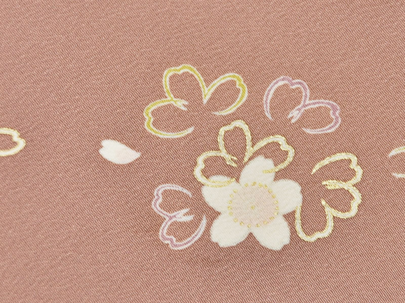 正絹　友禅　小紋 着尺　-桜/紅色系地-　［ 0509-007 ］　未仕立て フルオーダー 誂え 着物 きもの 羽織 はおり 染め 和 きぬ シルク 女性 女物 レディース 日本製 丹後縮緬 たんごちりめん さくら サクラ 花 はな 白 ゴールド 黄緑 ピンク