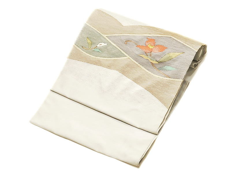 正絹 中国掬い 織り 九寸名古屋帯 -唐花/鼠色系地- [ 0609-308 ] 未仕立 きぬ シルク 絹鳴り 女物 女性 レディース なごやおび 小紋 紬 街着 ねずみ ゴールド 赤 緑 茶 白