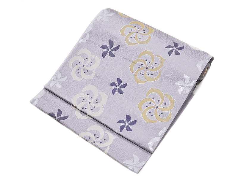 正絹　西陣織　織り 九寸名古屋帯　-かざぐるま/紫系色-　[ 2007-3334 ]　未仕立 きぬ シルク 絹鳴り 女物 女性 レディース なごやおび 略礼装 お茶席 色無地 小紋 六通 風車 シルバー 紺藍 日本製 茶 地模様