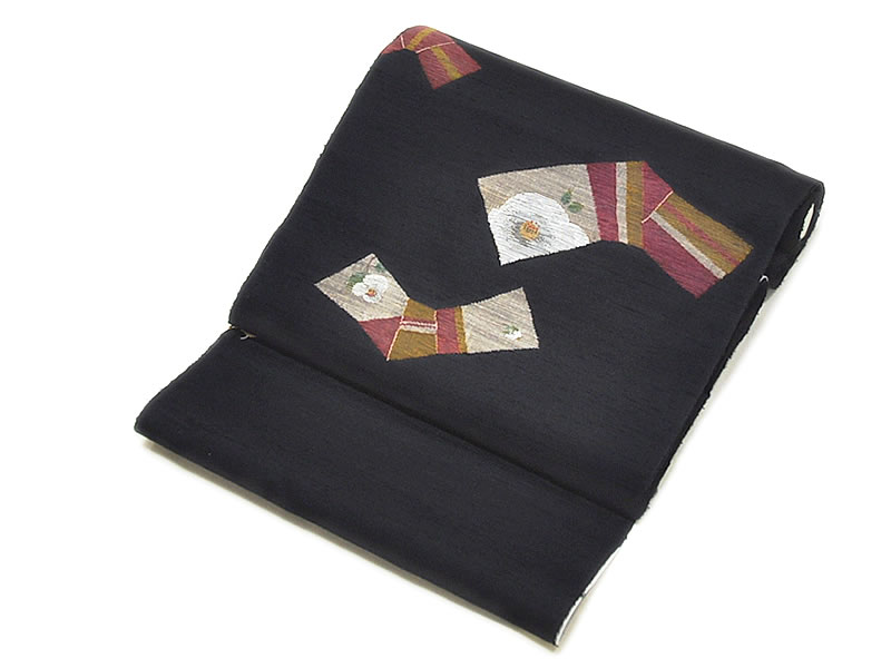 正絹　織り　九寸名古屋帯　-椿・結び紋/黒色地-　[ 2007-3359 ]　未仕立 きぬ シルク 