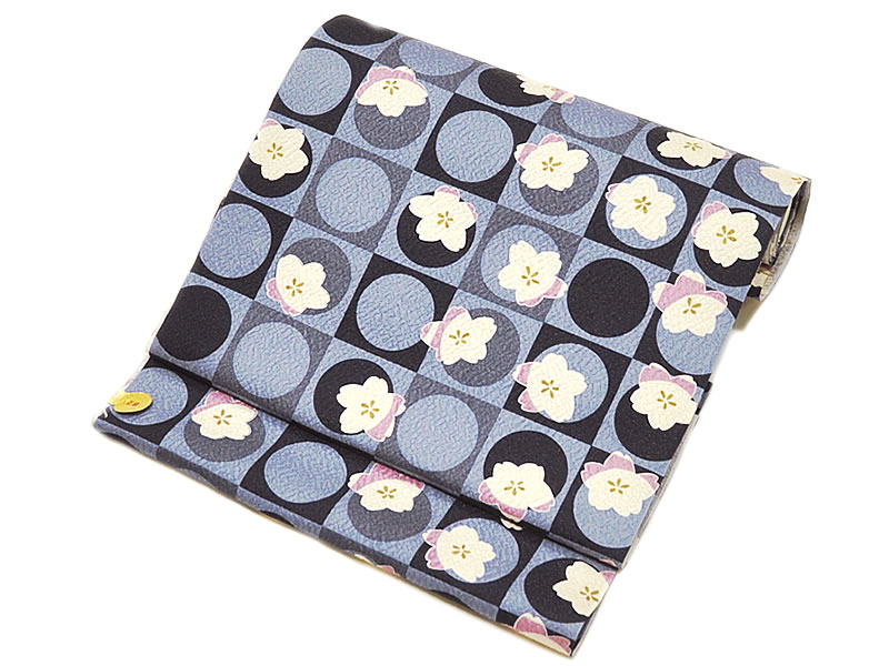 Nagoya Sash - 正絹　西陣織 染め 九寸名古屋帯　-桜/青系-　［ 0510-015 ］　未仕立 着物 きもの なごやおび きぬ シルク 絹鳴り そめ 女物 女性 レディース お太鼓柄 小紋 紬 街着 さくら サクラ 花 市松 チェック 白 ピンク