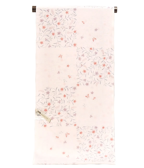 東レ シルック　駒絽　小紋 着尺　-市松・秋草/ピンク系-　[ 1007-287 ]　洗える 夏 着物 きもの フルオーダー 誂え 未仕立 こもん 茶道 街着 略礼装 ポリエステル 女物 女性 レディース チェック 撫子 萩 蝶 花