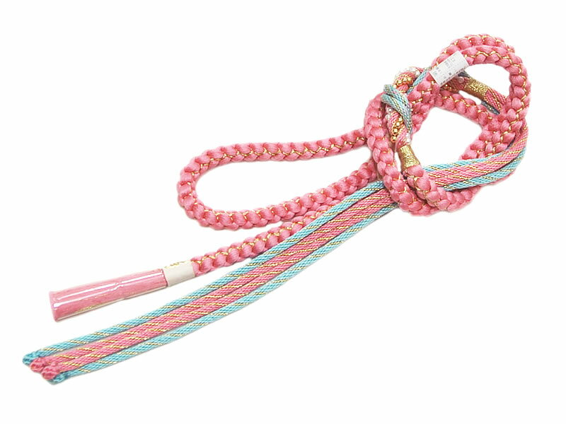 振袖用　正絹　飾り付き　丸組紐 帯〆　-ピンク・水色系-　　