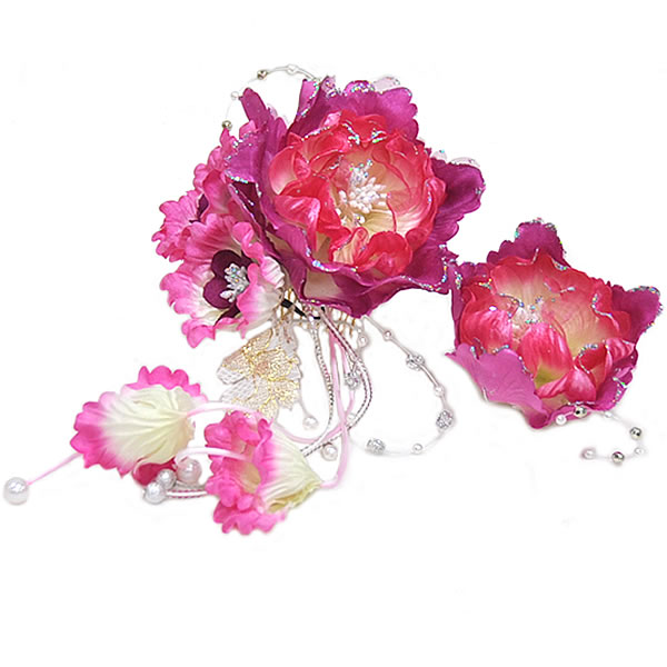乐天商城 - 振袖用　髪飾り　-赤紫系-　大小2個セット　[ 1011-524 ]　ヘアーアクセサリー 着物 きもの ふりそで パーティー 成人式 卒業式 袴 帯飾り 花 洋風 垂れ飾り ラメ レース コーム Uピン お洒落 おしゃれ ピンク 女物 女性 レディース