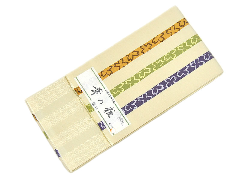 乐天商城 - 女物　正絹　博多織　四寸小袋帯　華の粧　-縞・桜/黄白系-　[ 0809-537a ]　着物 きもの 小紋 きぬ シルク 袷 あわせ 半巾帯 締めやすい 絹鳴り 黒田藩 日本製 舞踊 稽古 伝統工芸 森博多 しま さくら サクラ 花 緑 紫 茶 地紋 お洒落 おしゃれ