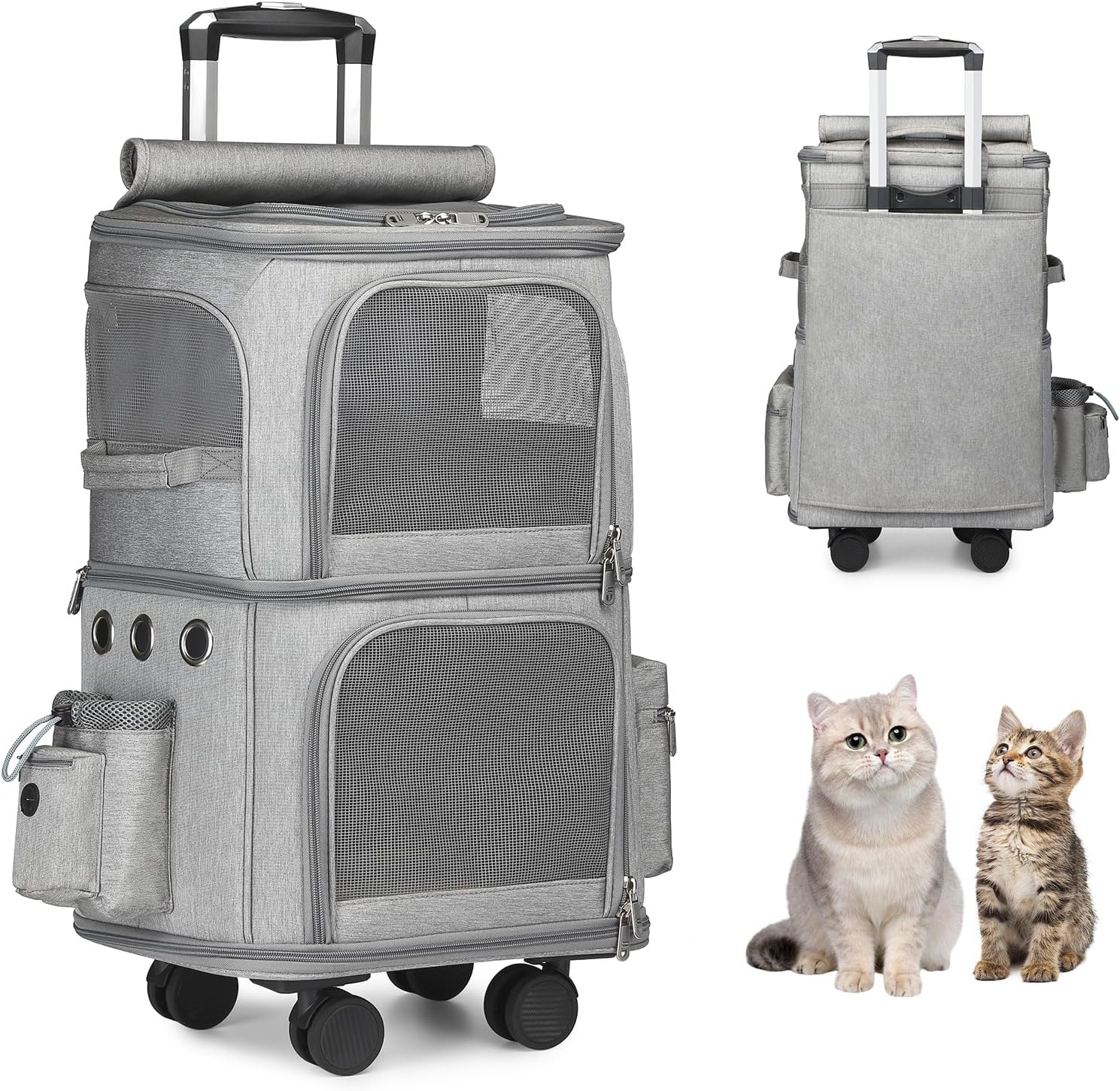 商品情報トロリー式猫 キャリーバッグこのペットキャリーには調節可能なアルミニウム製トロリーポールが付属しており、従来のペットキャリアに比べて時間と労力を節約できます。 猫 キャリーは長さ35cm、厚さ28cm、高さ63cm（8cmのキャスター付き）で、上下に2つのコンパートメントがあり、複数のペットを簡単に運ぶことができます。通気性犬用カートの側面と上部には通気性の良い穴とメッシュ生地があり、ペットの安全を確保するために、常に見ることができます。 空気が素早く循環するので、ペットが快適に呼吸できます。 猫 キャリーケース上部のメッシュ生地の外側には遮光生地があり、巻き上げたり下げたりできます。静音キャスター犬 キャリーケースには静音キャスターが装備されており、音もなくスムーズに動き、周囲の環境に影響を与えません。キャスターの取り付け、取り外しは側面のボタンを押すだけで、とても簡単で便利です。持ち運びやすい猫 バッグの本体は折り畳み式で、使用しない時は折り畳むことができ、折り畳んだ体積は小さく、収納と持ち運びが簡単で、場所を取らず、外出、旅行、電車、病院、避難所に 適です。トロリー滑車キャットバッグは輸送中に完全に密封されます、開封後に少しニオイであります正常です、1-2時間風通しの良い場所に置いてください。丈夫で良い猫 バッグペットの飛び出しを防止する安全ハーネスバックルが付いています。 高品質のダブルジッパーは破損しにくく、開閉がとてもスムーズです。キャリーバッグ 猫の両側に収納ポケットがあり、猫のおもちゃやスナックなどの収納に便利です。