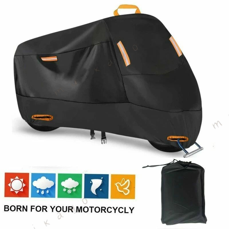 高品質の300D素材バイクカバー300Dオックス生地という厚手の素材を使っている、防水 耐水圧2000PA、耐久性が高い、耐熱 溶けない 、耐摩耗性および耐腐食性を持ち、環境にもやさしいです。 バイクカバー、バイクに優れた屋内/屋外保護を提供します。(生地の裁断・縫製から仕上げまでの全ての工程を熟練の職人が手掛けています。) 夜間反射テープ＆傷付き防止カバー反射テープは前後四枚あり、視認性の低い環境でも、駐車所など所からバイクを簡単に見つけることが出来ます。また、前後が分かりやすくするために、前の反射テープは縦に、後ろの反射テープは横に縫いつけました。バイクカバーの着脱時に良く摩擦が起こります。この摩擦でバイク自体に傷がついてしまうことがあります。内部にもこだわった弊社製品を選ぶと、装着の際の気苦労が減ります。内部には特別素材を使用して滑々な手触りが実現して、カバーを被せたときにバイクに傷がつきにくくなります。風飛び防止＆盗難防止カバーの下部に本体を止めるワンタッチマジックテープ+バックル調節付き。風でめくれたり飛ばないから安心!そして、バイクカバーの裾部分は絞りゴムになっているので、風によるカバーのバタ付きもある程度抑えることができます。さらに、カバーの上から施錠できるよう、大きめのロックホールを採用しました。バイクとカバーをしっかりと守ることができます。盗難防止にも役立ちます。大型、極太のワイヤーロック、U字ロックにも対応します。 【注意事項】ご使用前の冷間時にマフラー、エキパイ、エンジンブロック等車両高温部とカバーが接触する箇所をご確認ください。車両形状により耐熱素材の無い本体生地部と接触する場合、冷間後にご使用ください。本体生地は難燃性生地で発火しにくい素材ですが、高温部と接触すると溶解し穴が開きますのでご注意ください。裏面耐熱素材は発火、溶解を防止する素材ですが、走行直後高熱部と接触しつづけますと焦げや変色は発生します。メーカー希望小売価格はメーカーサイトに基づいて掲載しています