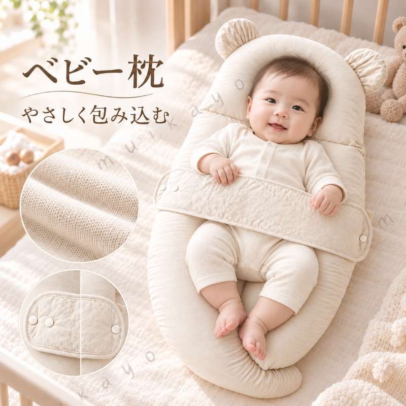 商品情報お手入れ方法洗濯ネットをご使用ください。漂白 ・乾燥機は使用しないでください。洗濯後は形を整え、風通しの良い日陰で十分乾燥させてください。ご使用上の注意・本製品は 機器ではありません。・本製品は寝かしつけや睡眠中の安全を保証するものではありません。・ご使用の際は必ず保護者の目の届く範囲でご使用ください。・長時間連続して使用する場合は、赤ちゃんの様子をこまめにご確認ください。・うつ伏せ寝でのご使用はお控えください。・対象年齢は目安です。お子さまの成長に合わせてご使用ください。・本製品の上に重いものを載せたり、踏みつけたりしないでください。・火気や高温になる場所の近くでは使用・保管しないでください。・破損・変形・異常が見られる場合は使用を中止してください。・お子さまが本製品で遊ばないようご注意ください。・輸送時の圧縮により、開封直後は形状が多少変化している場合がございますが、ご使用いただくうちに徐々に元の形状へ戻ります。・洗濯後は十分に乾燥させてからご使用ください。・画像の色味はモニター環境により実際の商品と異なる場合があります。キーワードベビー枕／ベビーピロー／ベビー抱き枕／ハグピロー／抱き枕／ボディピロー／新生児枕／赤ちゃん枕／高さ調整／5方向調整／ベビークッション／寝姿勢サポート／ヘッドサポート／ストラップ付き／3Dメッシュ／リヨセル／綿100％／リバーシブル／オールシーズン／通気性／洗える／丸洗いOK／新生児／0歳／1歳／2歳／0〜24か月／出産祝い／出産準備／ギフト／プレゼント絶壁防止、寝返り防止、向き癖防止、向きぐせ、向き癖防止、寝返り予防、絶壁頭、絶壁予防、寝返り、絶壁防止枕、寝返り防止枕、ベビー枕、新生児、横向き寝、睡眠サポート、出産祝い、子供、赤ちゃん、うつ伏せ、うつ伏せ防止、抱っこ、出産準備、頭の形、夜泣き、出産、横向き枕、向き癖改善、向きぐせ改善