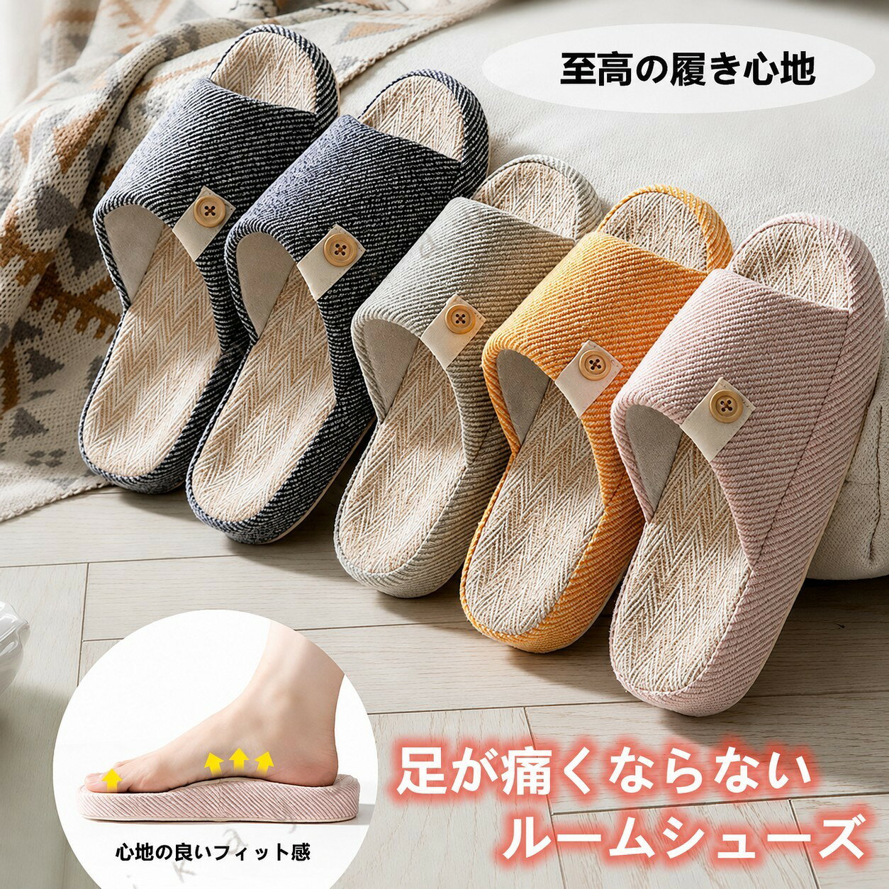 ソール素材または裏地: 合成ゴムヒールのタイプ: フラット立ちっぱなしでも、足が痛くならないの履き心地を追求！立ちっぱなしの料理や掃除などの家事や、立ち仕事でも足が痛くなりません。洗濯機丸洗いOKお手入れも簡単。洗濯機で丸洗いした後は、平干しするだけでOK。めんどうな手洗いは不要です。イヤ?なベタベタ感なし。素足でもサラリと心地いい中敷きの素材には、耐久性?吸湿性?吸水性に優れたコットンリネンを採用。麻と綿のいいところを組み合わせた当素材は通気性もよく、季節を問わず、サラッとした履き心地でお使いいただけます。春夏秋冬のオールシーズンで使えます。また、すぐに乾くので、防臭効果にも期待できます。滑り防止のゴム底室内スリッパの裏面は、全面がTPR（ゴム底）となっております。フローリングや水周りでもすべらない、安心?安全のゴム底。料理中やお掃除中など、様々な場面で活躍します。妊娠中の方やご年配の方の転倒防止用のルームスリッパとしてもおすすめです。また、ゴム底なので水が染み込むことがなく、耐久性の面でもメリットがあります。