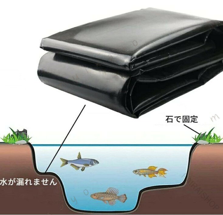 多機能防水マットおよび池のライナー。サイズ：2mx3m 厚み：0.5mm 100％の高密度ポリエチレン（HDPE）で作られています。HDPEは耐温性（-30℃から60℃まで）があり、優れた防湿性、防水性、抗紫外線性能があります。厚み0.5mmで、非常に耐久性が高く、長期にわたって使用できます。 人工水池、屋根防水、（車両カバー）、仮設住宅、防湿マット、（キャンプ地面シート）、貯水池工事、生態環境工事など、多くのシーンで優れた性能を発揮します。 本製品は耐久性のある素材で作られているため、折り目が品質に影響を与えることはありません。この製品をより平らかで柔らかくする場合は、直射日光にさらすことで実現できます。 池を建設する目的の場合、池が完成した後すぐに魚を放つことは避けてください。池が安定し、水が周囲の環境と温度に適応し、植えた水草と土壌が安定した状態になってから魚を放してください。指定された配送時間は承っておりません。 RAIRAISHOP
