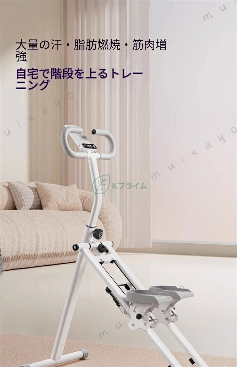 頑丈な構造 ステップクライミングマシン三角サポート構造により安定性抜群で、 300kgまで耐荷重。ジムいらずの手軽なホームトレーニングを実現します。コンパクト 式の「踏?機」で、使用後は省スペースに収納可能。 3段階の難易度調整 多機能階段登りマシンステッパー3段階の角度調整、自由な強度設定、階段登り/地面登り/登山モード間のワンボタンスイッチ、サイレントローラー設計、アパートで使用する場合の騒音ゼロ、手すりの高さ調節可能、男性、女性、若者、老人に適しています。 ディスプレイ付き 垂直階段クライマーリアルタイムで歩数を計測するカウンターディスプレイ付き。運動量の可視化でモチベーション維持をサポート。握りやすいハンドルと滑り止めペダルで、長時間の使用も快適です。 広く使用されている 式エクササイズクライマー在宅ワーク中の運動不足解消、ダイエット目的の有 運動、高齢者のリハビリ、マンション住まいの方の階段トレーニングに 適。天候に左右されず、家族全員で使える健康管理マシンとしてご活用ください。 自宅でのトレーニングに 適で 屋内で手軽に登山の訓練ができる画期的なフィットネス機器です。 自宅でのトレーニングに 適で、体力向上や筋力強化、持久力アップを目指す方にぴったりです。 リアルな登山体験 負荷を調整できるため、実際の登山に近い負荷を再現。さまざまなレベルのトレーニングが可能です。コンパクト設計: 式で、使わない時は省スペースで収納できます。限られたスペースでも安心です。 モチベーションを維持するためのサポートをします 雨の日や悪天候でも気にせずトレーニングができるため、いつでも体力をキープ。 科学的に設計されたストライドで膝への負担を軽減 ステップ幅と可動域は、膝に負担をかけずに筋肉をしっかり刺激できるよう科学的に設計されています。安全かつ効率的に全身を鍛えることが可能です。 短時間で実感できる全身シェイプアップ効果 胸・ヒップ・脚など、気になる部位を効率よく引き締めます。たった20分の運動で、ジョギング20分、水泳60分、ヨガ120分、サイクリング180分と同等の効果が得られます。家族全員で使えるので、ダイエットや健康維持にも 適です。保証事項 長期製品保証：ご購入日より2年間の製品保証となります。