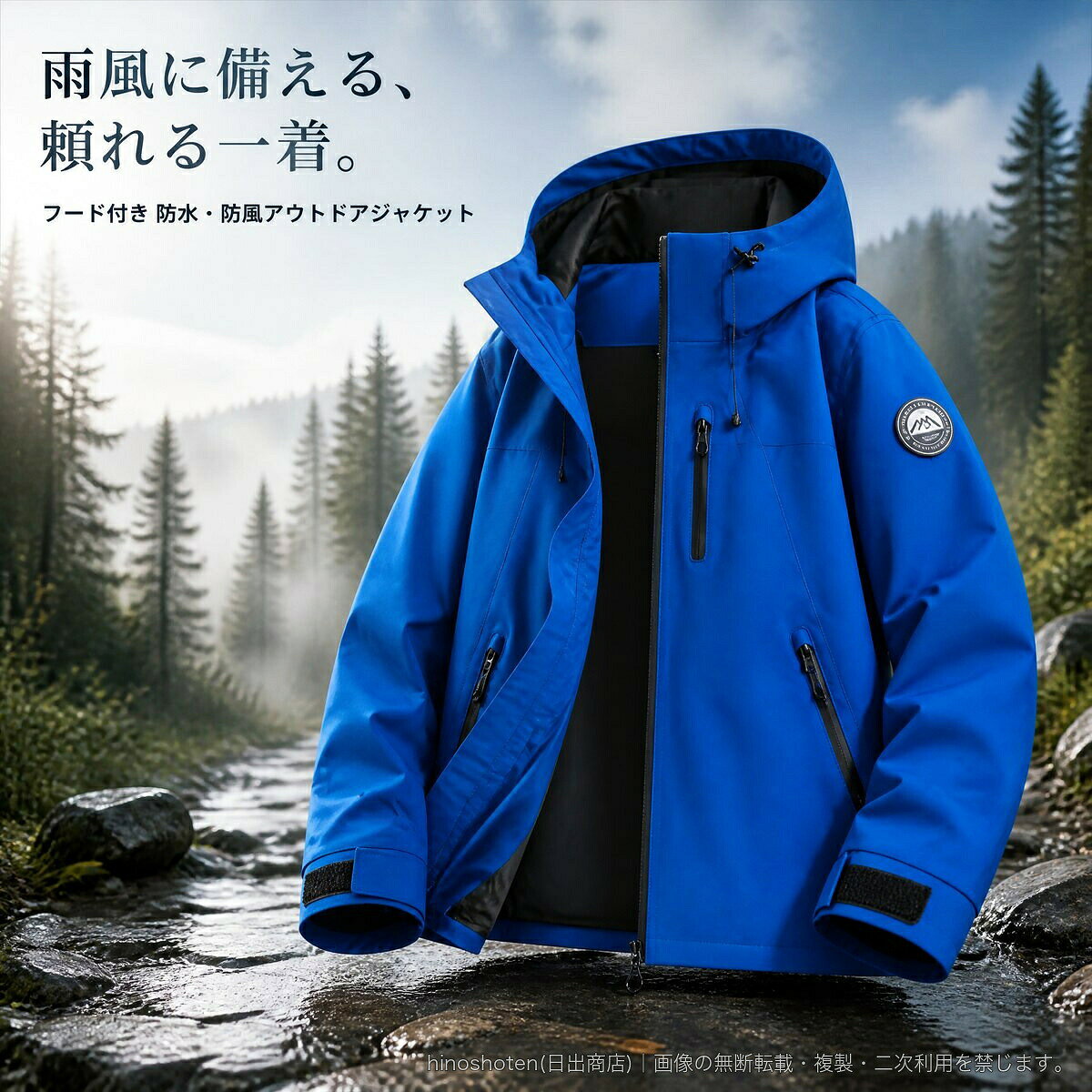 防水・防風・耐摩耗性と通気性を備えた、フード付きアウトドアジャケットです。フロントには圧着防水ファスナーを採用し、胸元にも止水ファスナーポケットを配置。両サイドのファスナーポケット、面ファスナー仕様の袖口、フード・裾のドローコードなど、アウトドアから日常使いまで活躍するディテールを備えています。カラーはクラインブルー、朱雀レッド、ミリタリーグリーン、ソルトミストブルー、ブラック、アイス菊ブルー、青果グリーン、ビビッドレッド、ネイビーの全9色。サイズはXS、S、M、L、XL、2XL、3XL、4XLをご用意しています。