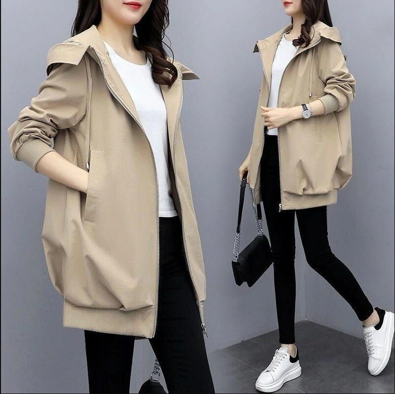 トレンチコート 秋の女性の韓国語のフード付きウィンドブレイカーの女性のためのウィンドブレイカーミッドレングスジャケットグリーンベルト