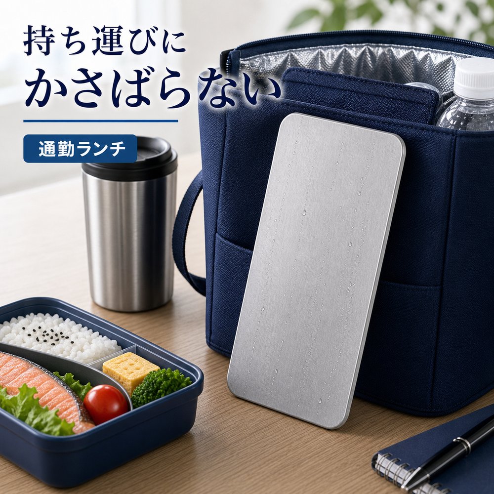 商品名SUS304ステンレス保冷プレート本ページのセット内容単品材質SUS304ステンレスサイズ約17.5cm × 約11.5cm（1枚あたり）重量約463g（1枚あたり）使用方法冷凍庫で冷やしてから、保冷バッグ・クーラーボックス・弁当箱などの近くに入れて使用してください。お手入れ使用後は水洗いし、水気を拭き取ってよく乾かしてください。カラーシルバー【持ち運びに かさばらない】持ち運びに かさばらない【使用シーン】通勤バッグにも薄く入る【ご注意】保冷効果は使用環境、バッグの断熱性、外気温、内容物により異なります。食品の状態維持を確約するものではありません。電子レンジ、直火、食洗機では使用しないでください。落下や強い衝撃にご注意ください。