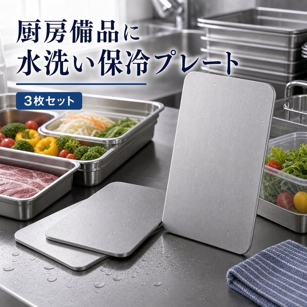 商品名SUS304ステンレス保冷プレート本ページのセット内容3枚セット材質SUS304ステンレスサイズ約17.5cm × 約11.5cm（1枚あたり）重量約463g（1枚あたり）使用方法冷凍庫で冷やしてから、保冷バッグ・クーラーボックス・弁当箱などの近くに入れて使用してください。お手入れ使用後は水洗いし、水気を拭き取ってよく乾かしてください。カラーシルバー【まとめ買いを、 3枚で補助。】まとめ買いの食品や飲み物のそばに分けて使いやすいSUS304保冷プレート3枚セット。【使用シーン】買い物バッグ＋食品＋3枚【ご注意】保冷効果は使用環境、バッグの断熱性、外気温、内容物により異なります。食品の状態維持を確約するものではありません。電子レンジ、直火、食洗機では使用しないでください。落下や強い衝撃にご注意ください。