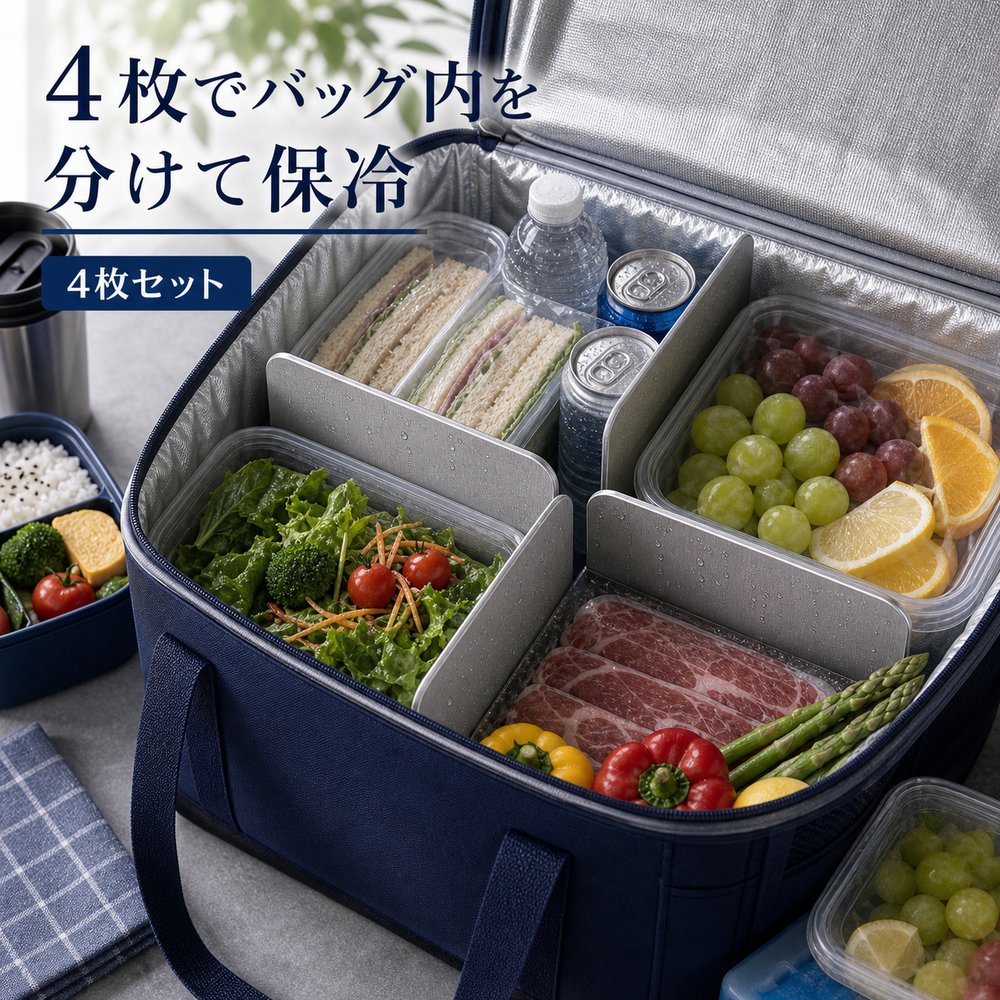 商品名SUS304ステンレス保冷プレート本ページのセット内容4枚セット材質SUS304ステンレスサイズ約17.5cm × 約11.5cm（1枚あたり）重量約463g（1枚あたり）使用方法冷凍庫で冷やしてから、保冷バッグ・クーラーボックス・弁当箱などの近くに入れて使用してください。お手入れ使用後は水洗いし、水気を拭き取ってよく乾かしてください。カラーシルバー【平日分を、 4枚常備。】平日ローテーション用に冷凍庫へ常備しやすいSUS304保冷プレート4枚セット。【使用シーン】冷凍庫に4枚【ご注意】保冷効果は使用環境、バッグの断熱性、外気温、内容物により異なります。食品の状態維持を確約するものではありません。電子レンジ、直火、食洗機では使用しないでください。落下や強い衝撃にご注意ください。